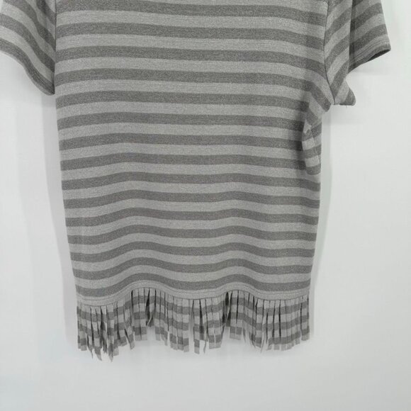 Chicos 2 Womens Size large Gray metallic Striped Short Sleeve Top fringed Hem - Picture 11 of 12